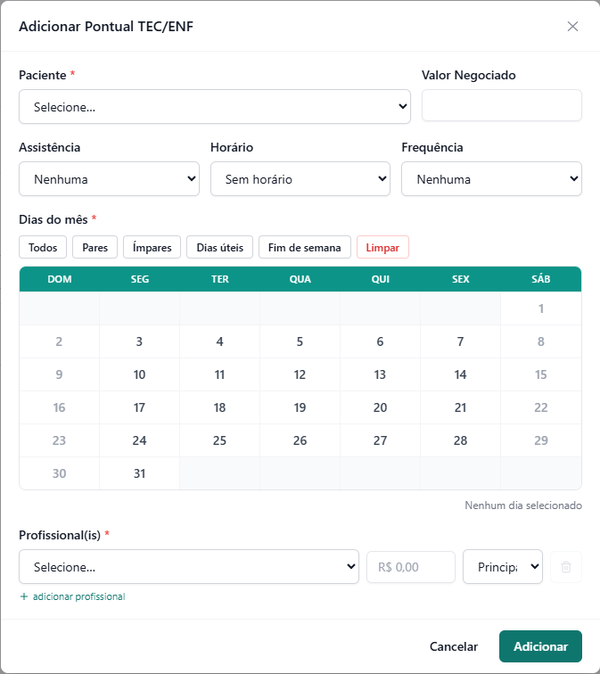 Modal do Nursing Scale para adicionar plantão pontual de técnico ou enfermeiro, com seleção de dias do mês